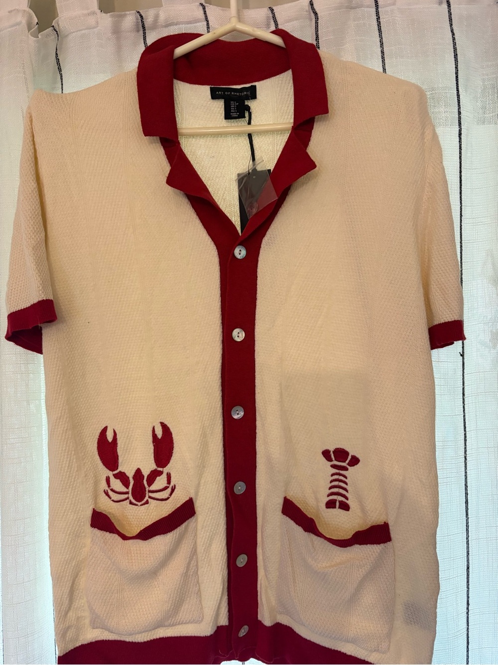 Cream Short-Sleeve Button-Down Shirt with Red Trim